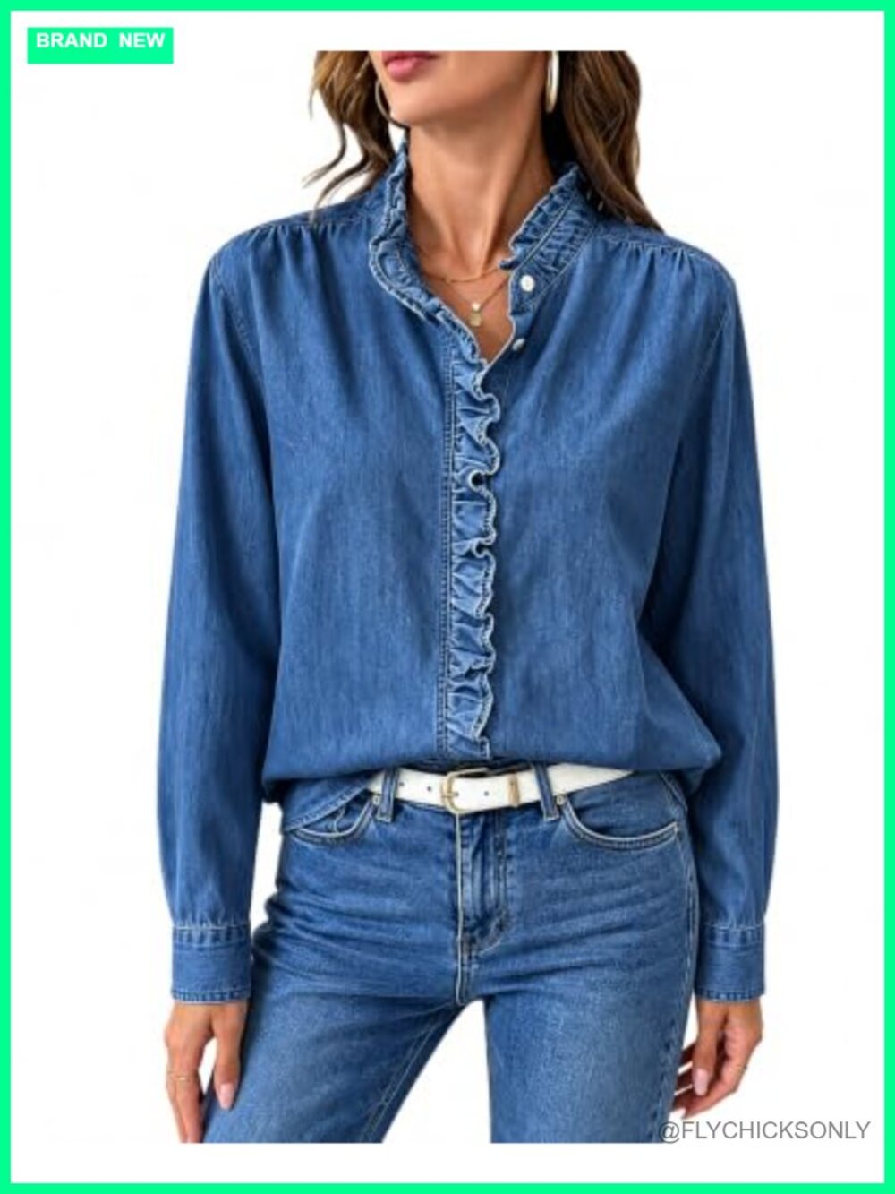 Ruffle Denim Blouse Cotton Button Down Long Sleeve Casual Shirt